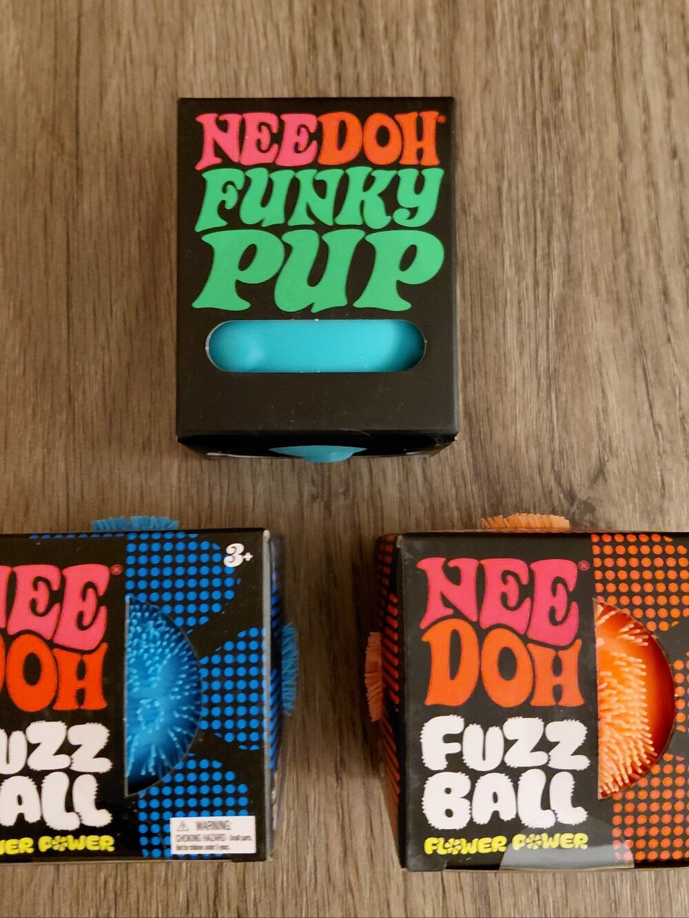 Needoh Squishy Lot Teal Funky Pup, Orange & Blue Fuzz Balls Fidget Stress